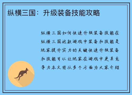 纵横三国：升级装备技能攻略